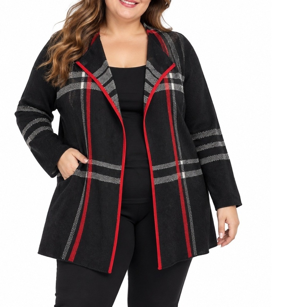 Women's Plus Size 2X Black Windowpane Open Front Cardigan Red preppy sweater